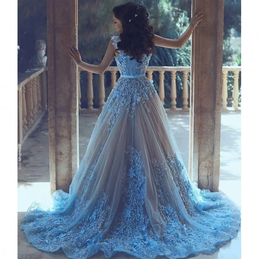 Небесно-Голубой 3D Цветок Арабский Женщины Пром Dress С Талии Поясом формальные 2017