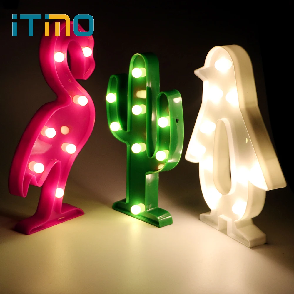 

iTimo Romantic Novelty Lighting Night Light Flamingo Cactus Penguin Table Bedroom Wall Lamp Decoration Light 3D LED Home Bulb