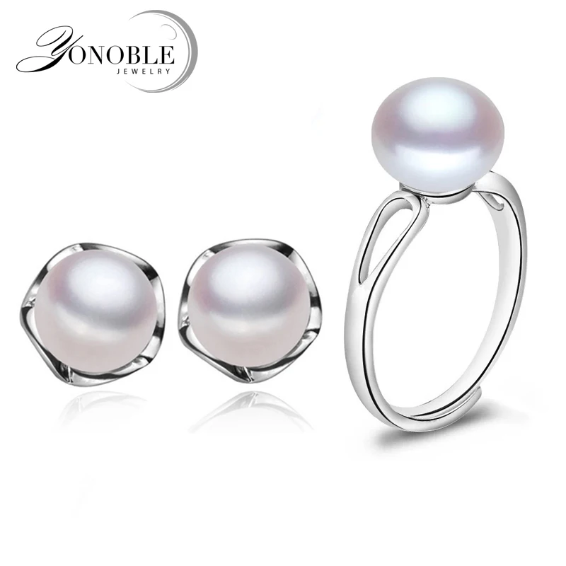 

YouNoble fashion ring earring for women,real freshwater natural pearl earring sets 925 silver jewelry girl best gift white black
