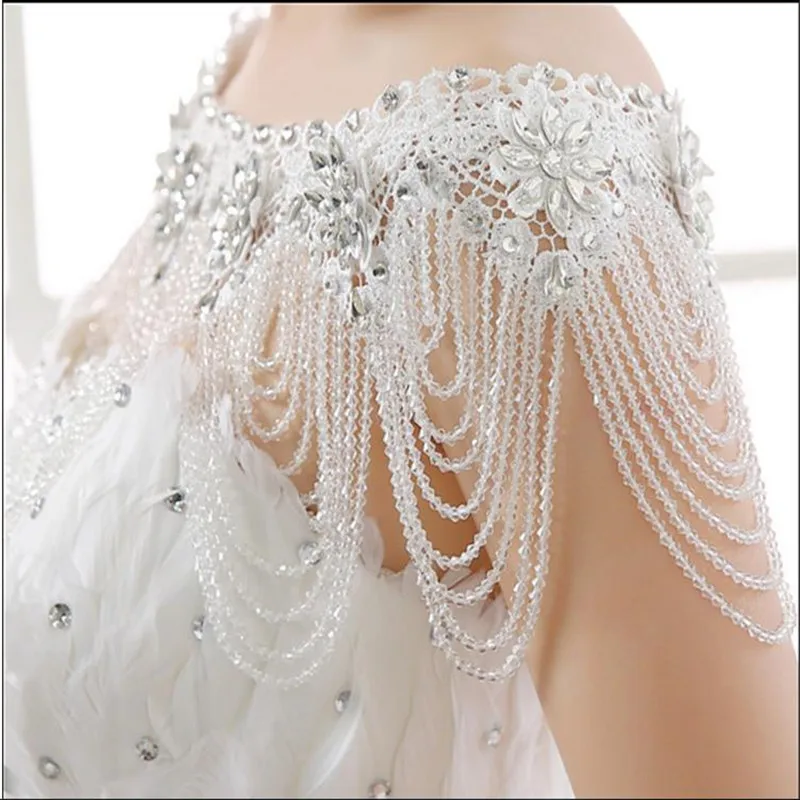

Luxury Shoulder Chain Jacket For Wedding Dress Accessories White Bridesmaid Wraps Shawl Crystal Beads Bridal Capes Jackets