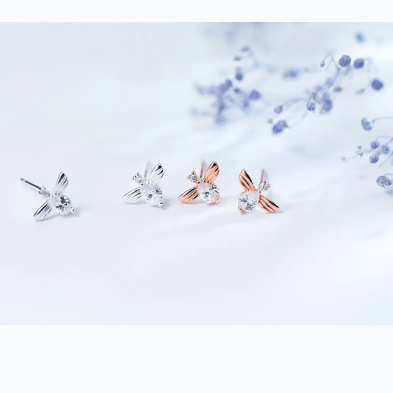INZATT, романтические серьги-гвоздики Пчелка с кристаллами, 925 пробы, серебро, модное ювелирное изделие для женщин, розовое золото, цвет, для помолвки, вечерние, подарок