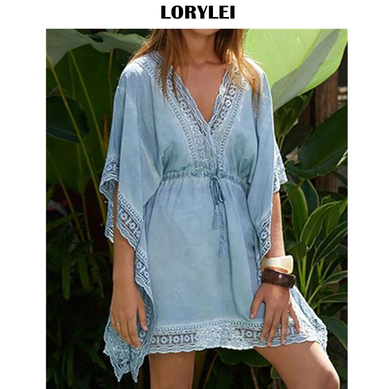 

2019 Beach Swimsuit Cover Ups Women Lace Kaftan Beach Tunic Dress 2019 Summer Robe De Plage Cotton Pareo Beach Cover Up N820