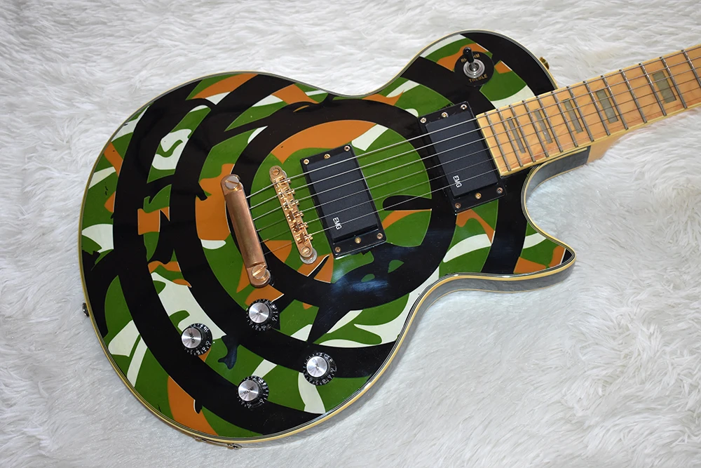 Factory Custom Electric Guitar with Camo Pattern,Gold Hardware,Block White Pearl Frets Inlay,High Quality,Can be Customized