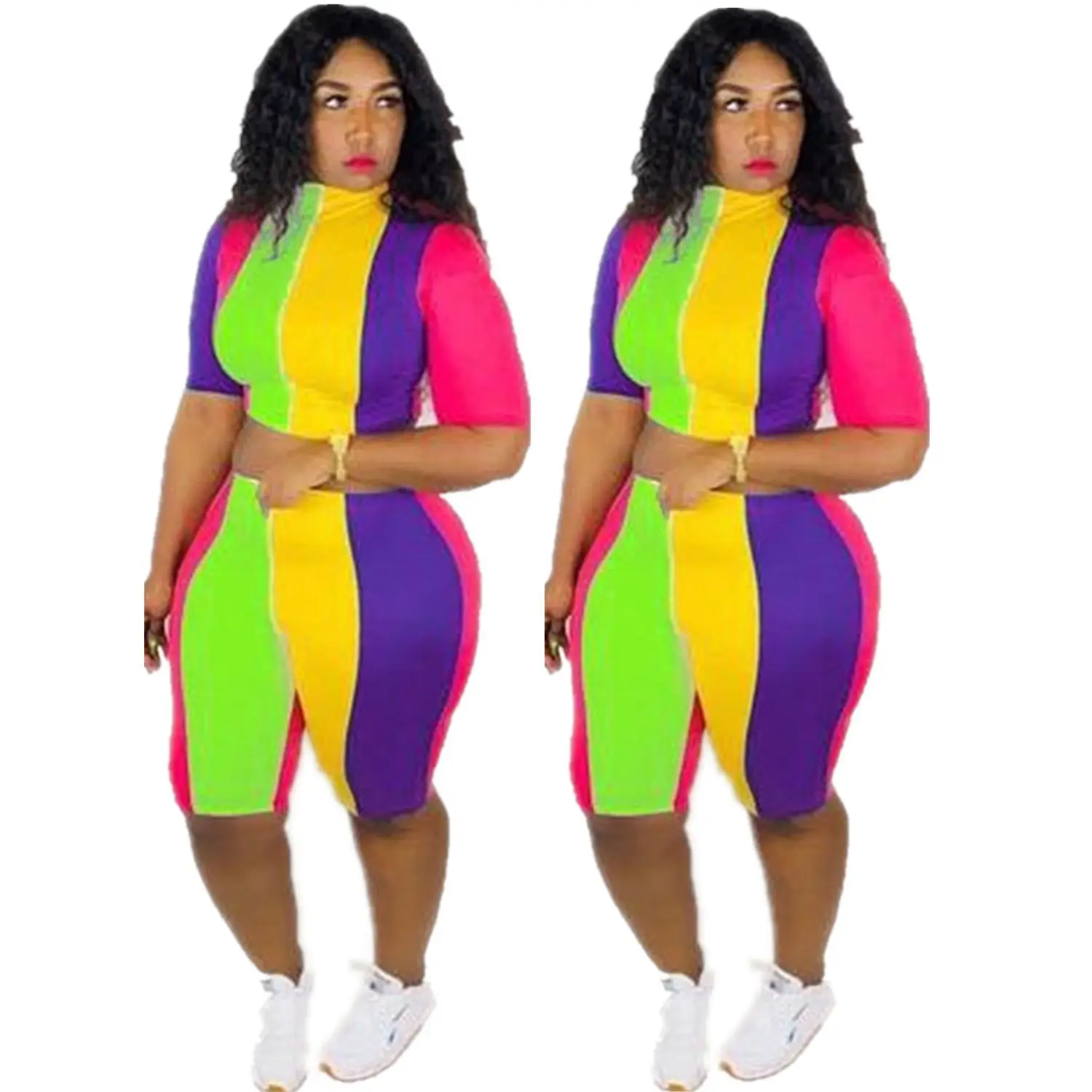 

Sexy print two-piece summer 2019, print personality stripe suit, multi-color tight fashion suit