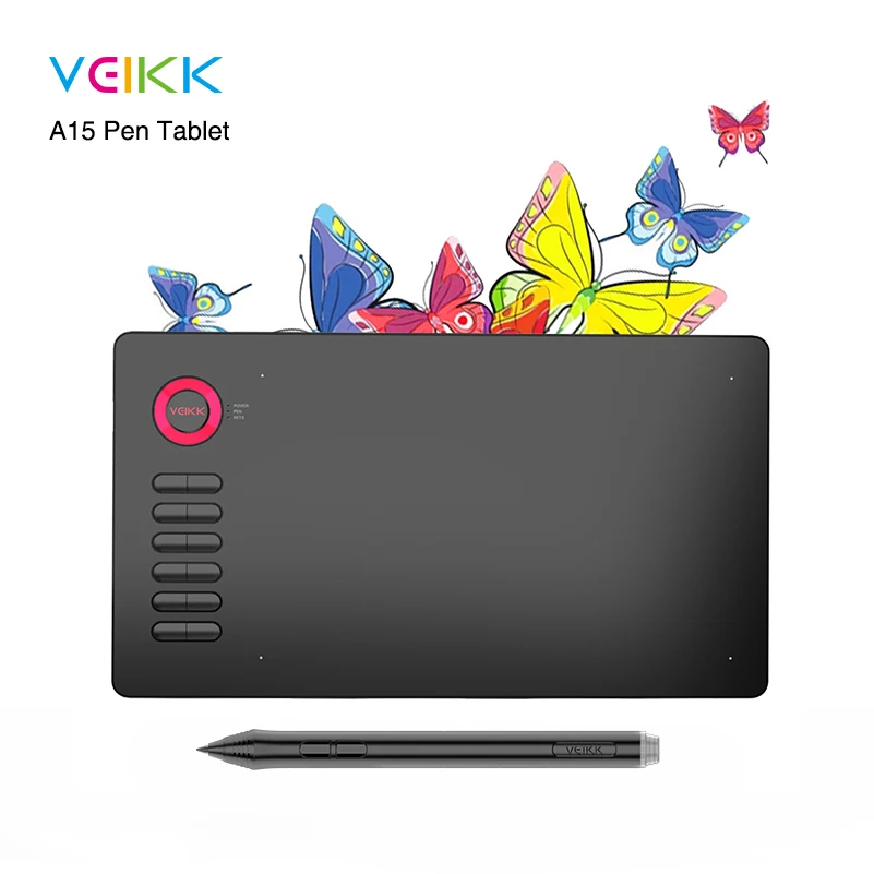 

VEIKK A15 Drawing Tablet Large area of 10 x 6 inch graphic tablet 12 Keys,20 Nibs and 1 Glove( Red,Blue,Gold,Gray)