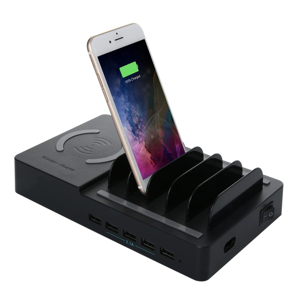 

Desktop Pad Holder Mobile Phone Dock Tablet Stand QI Wireless Charger 5 USB Port Power Station Quick Charging Dock for iphone
