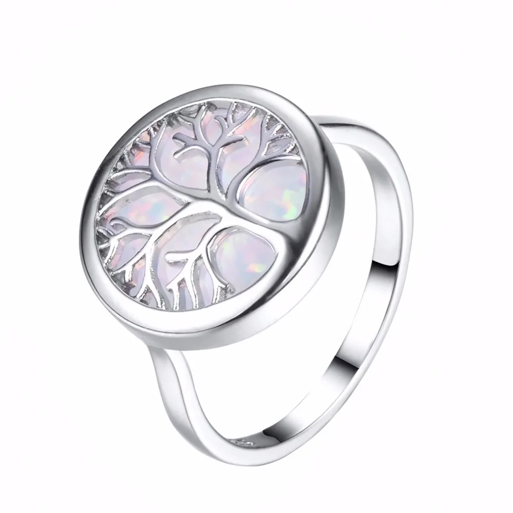 

Fashion 100% 925 Sterling Silver Round Tree Women Rings Blue/White Fire Opal Hollow Finger Rings Jewelry