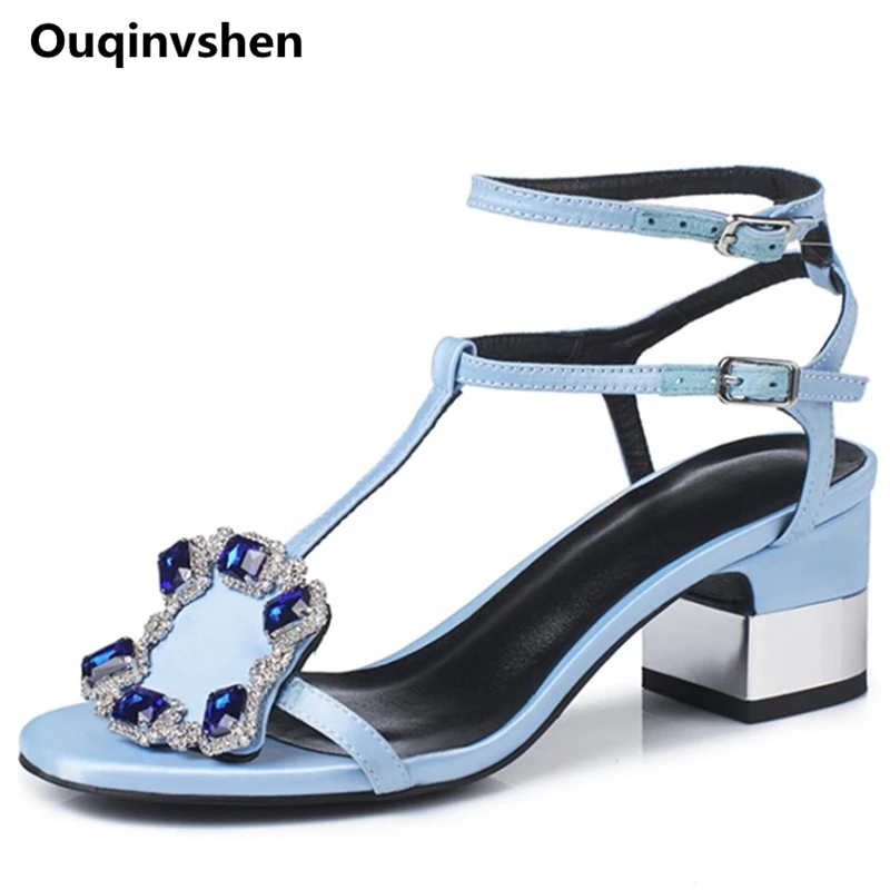 Ouqinvshen Crystal Summer Sandals Black Blue Fashion Square Heel Silk Buckle Strap High Heels Peep Toe High Heels Sandals Women Ouqinvshen Crystal Summer Sandals Black Blue Fashion Square Heel Silk Buckle Strap High Heels Peep Toe High Heels Sandals Women