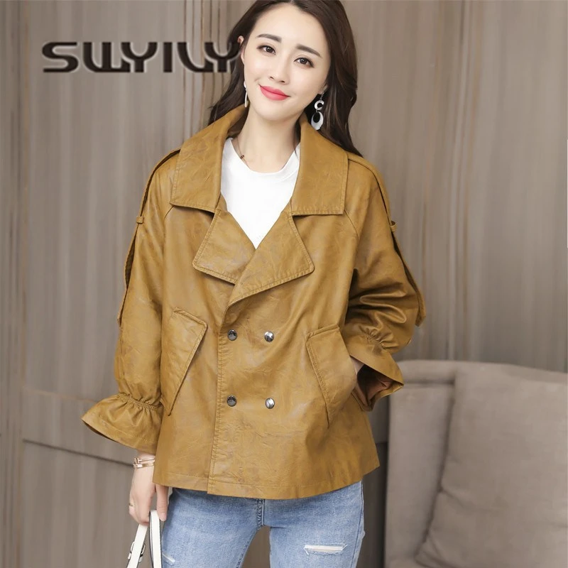 SWYIVY Woman Jacket Coat PU Leather 2019 Spring Autumn New Female Fashion Short Leather Coat Loose Style Ladies Jacket 2XL Xxl