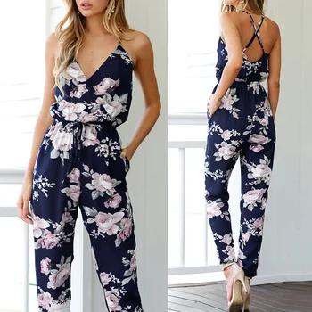

Women Bandage Floral Party Playsuit Ladies Casual Loose Long Jumpsuit FS99