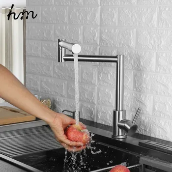 

hm Folding Kitchen Faucet Stretchable Swing Arm Brushed Single Hole Single Handle Deck Mounted Cold & Hot Kitchen Sink Faucet