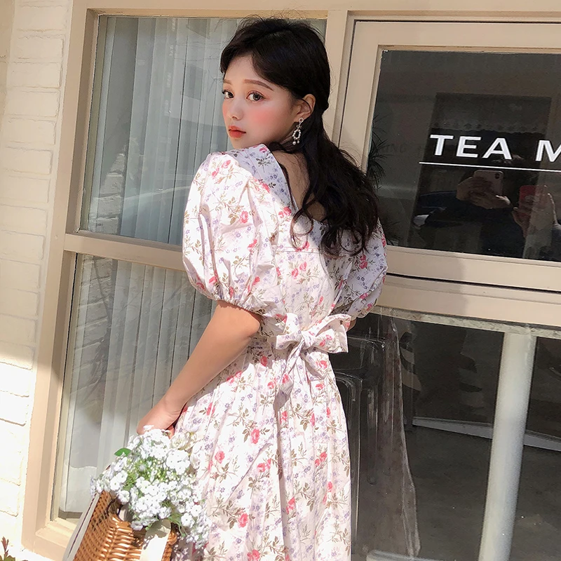 

Back Tie Square Neck Dress Princess Puff Sleeve a Line Dress Floral Print Kawaii Robe Femme Vestido Mujer Vestiti Donna