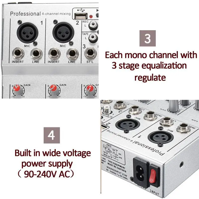 US plug черный мини караоке аудио микшер усилитель профессиональный микрофон микшерный звуковой пульт 4 канала USB 48 В фантомное питание