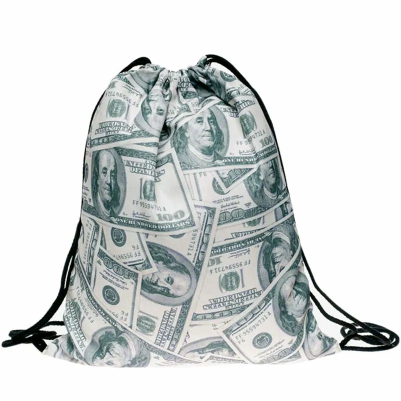 Dollar money 3D printing Women bolsos drawstring bag man Casual Travel