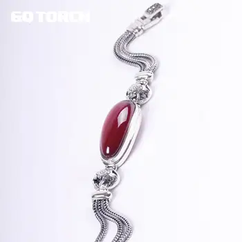 

GQTORCH 925 Sterling Silver Elegant Bracelet For Ladies With Natural Gemstone Red Ruby Green Agate Woman Vintage Fine Jewelry