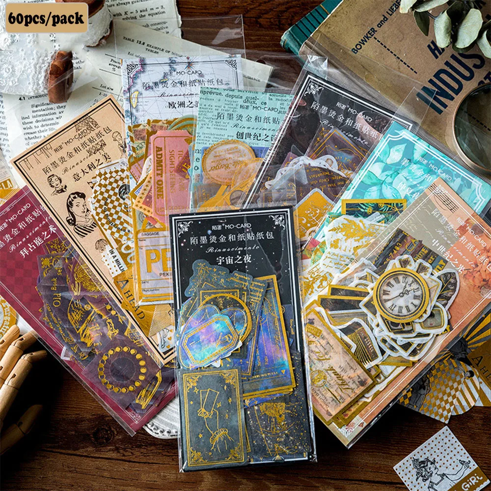

60Pcs/Pack Renaissance Map/Ticket Root Bronzing Vintage Decoration Stickers DIY Planner Diary Scarpbooking Index Lable Sticker