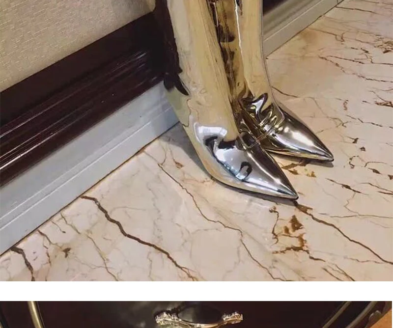 Женские сапоги с острым носком сапоги с зеркальным эффектом сапоги до колена из серебристой лакированной кожи без застежки кожаные туфли цвета металлик размера плюс 35-48
