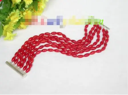 

Wholesale price 16new ^^^^^^^Genuine 6row 5X9mm 8" rice red coral beads bracelet magnet clasp j8622