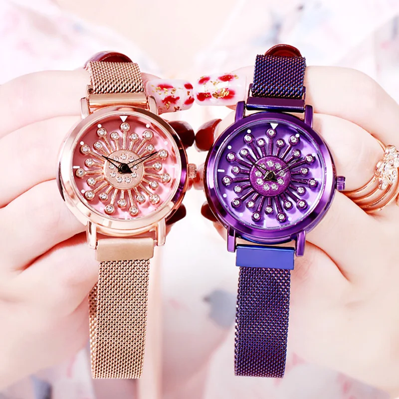 

New Women Magnet Watch Lucky Creative Flower Watch Luxury Diamond Ladies Quartz Wristwatches Quartz Waterproof Clock reloj mujer