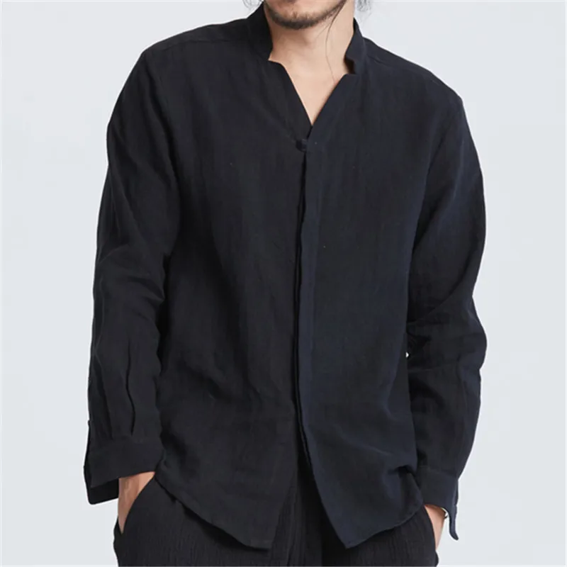 

Men's Chinese Style Solid White Black Long Sleeve Collarless Shirt Men Casual Loose Cotton Linen Shirts Men Shirt Stand Collar