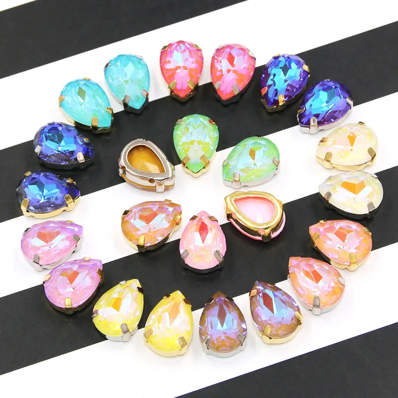  New Teardrop shape Mocha fluorescence Glass Crystal sewing hollow base sliver claw setting flatback - 33032074191