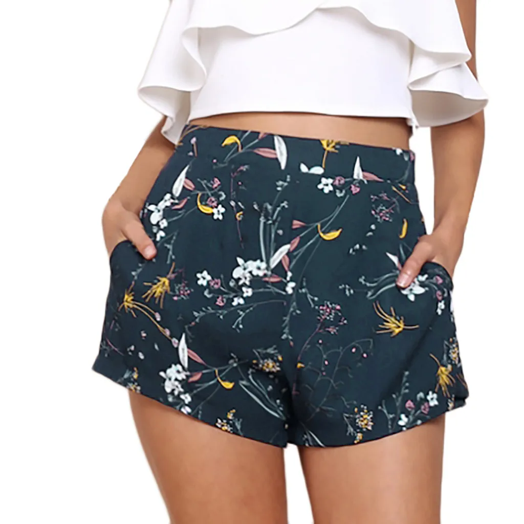 Для женщин летние высокие эластичная талия с цветочным принтом повседневные шорты отдых пляж повседневные