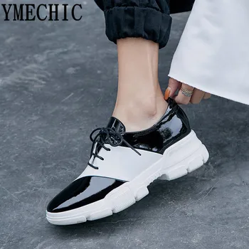 

YMECHIC 2019 New Spring Lace Up Women Oxford Shoes Patent Real Leather Patchwork Flats Shoes Sneakers Women Platforms Shoe 40