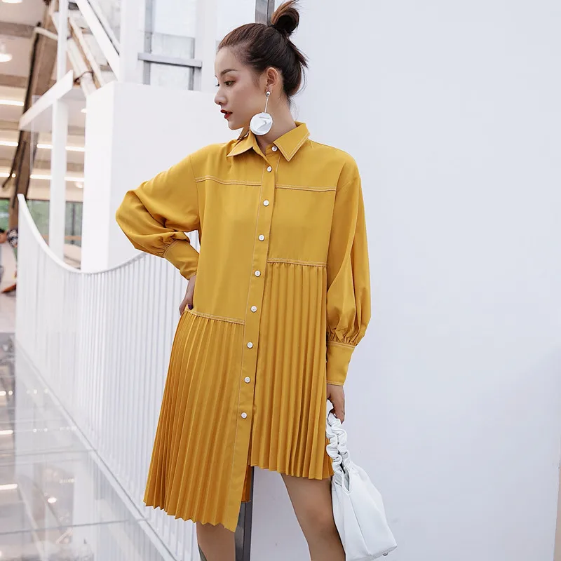 

Yellow Women Turn Down Collar Irregular pleated blouse Fashin Female Spring Bright Color Long Sleeved Button Chiffon dress shirt