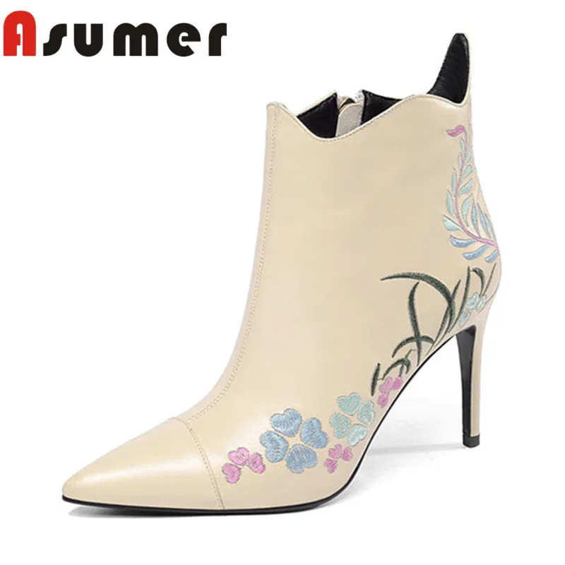 

ASUMER 2018 NEW ARRIVE pointed toe solid ankle boots for women fashion embroider shallow boots adult zip genuine leather boots