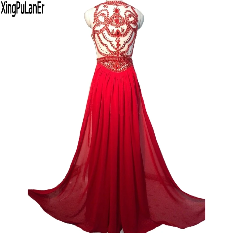 Robe de soiree Русалка без рукавов красные бусинки кристаллы топ сексуальный прозрачные сзади длинные женские вечерние платья Выпускные вечерние платья