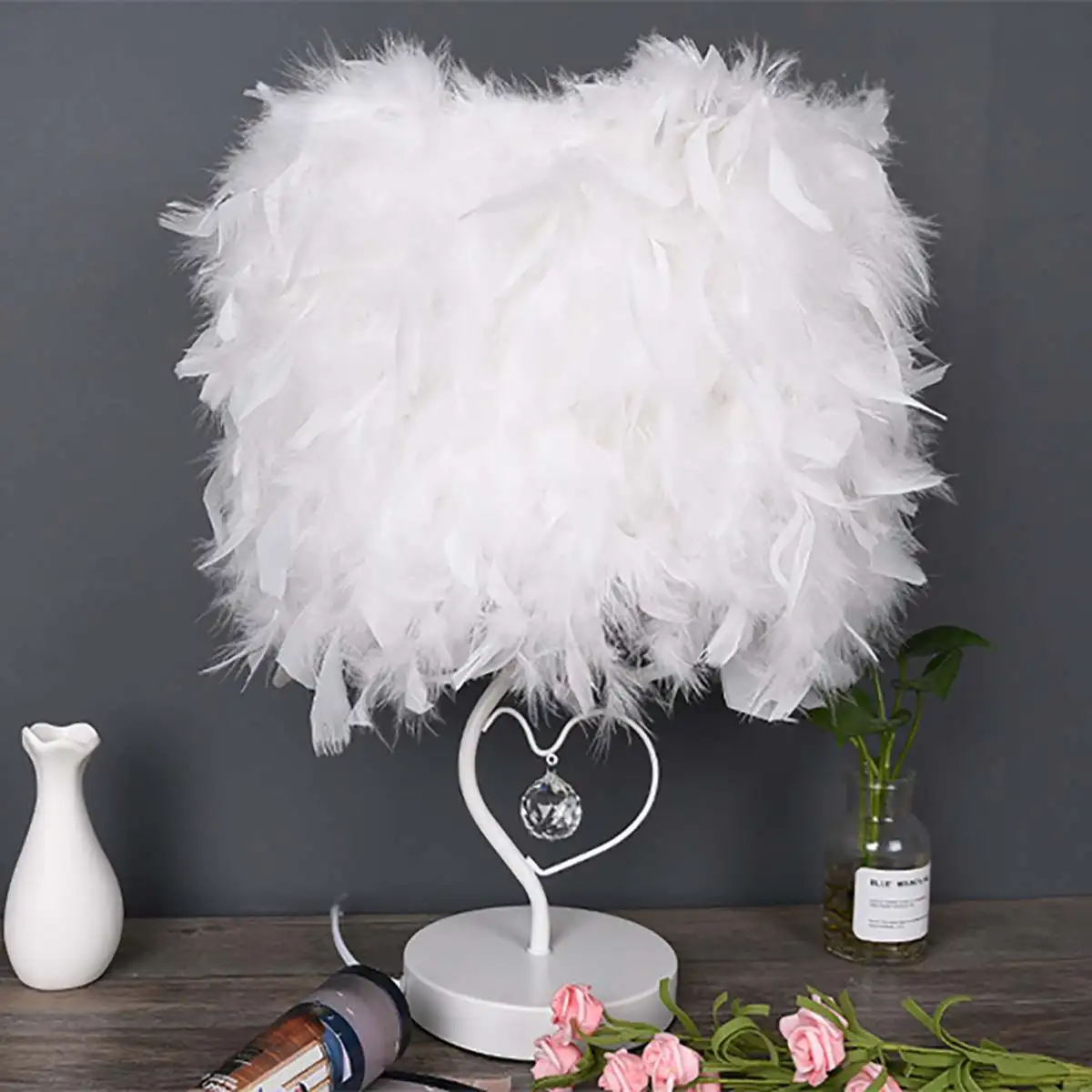 

Modern Creatives Feather Crystal Lamp e27 Table Lamp White Table Light for Bedroom Droplight Lighting Decor with EU plug