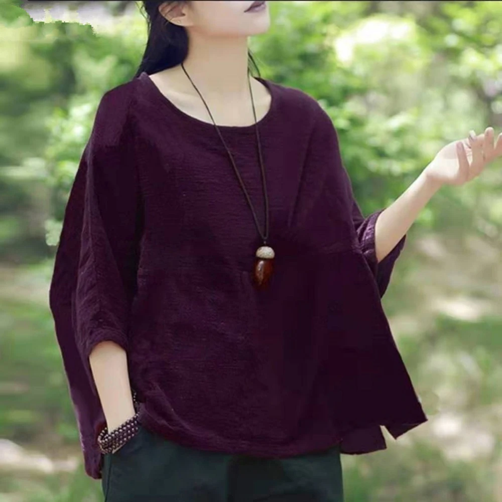 

Summer Loose T-Shirts Large Size Bat Sleeve Solid color T-shirt Round Neck Tee Streetwear Women 3/4 Sleeve Tops Casual Retro Top