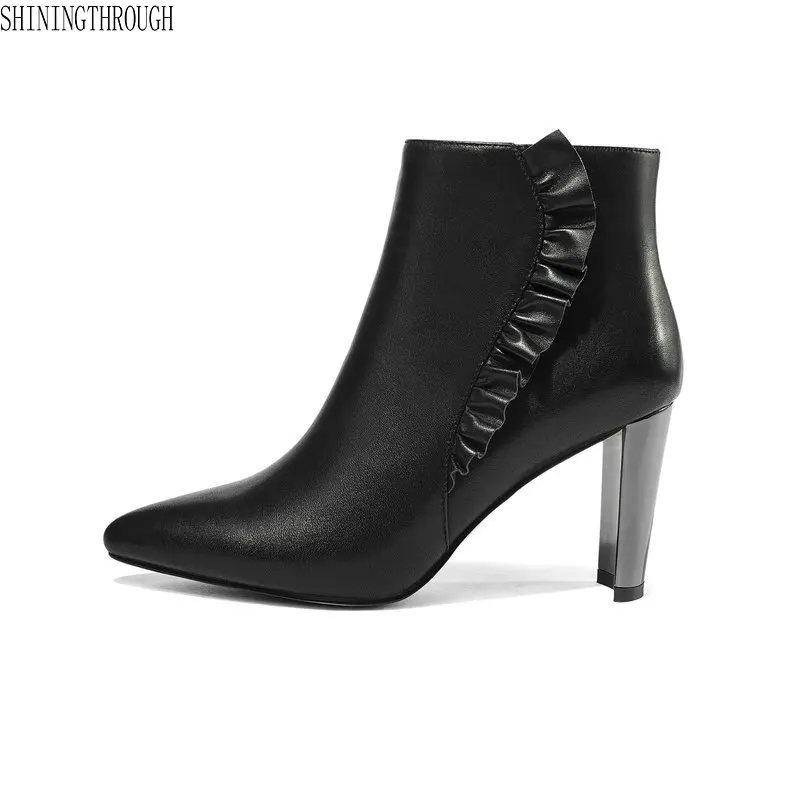 

100% cow leather boots women short plush warm winter ankle boots sexy high heels dress hoes woman large size 42 43