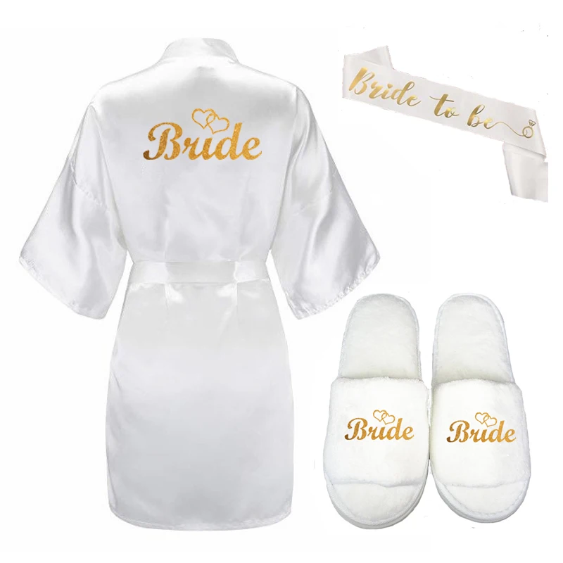 3pc set Sisbigdey/комплект из 3 предметов; блестящий золотой атласный короткий халат для невесты; тапочки для невесты; пеньюар для невесты с поясом; женские вечерние кимоно; коллекция года - Цвет: 3pc set