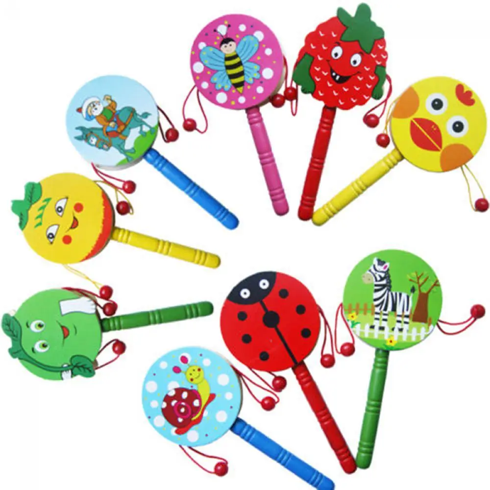 Random Colors!! 1pc Baby Kids Cartoon Animal Hand Bell Toy Wooden Rattle Drum Musical Instrument Tambourine Ring Random color
