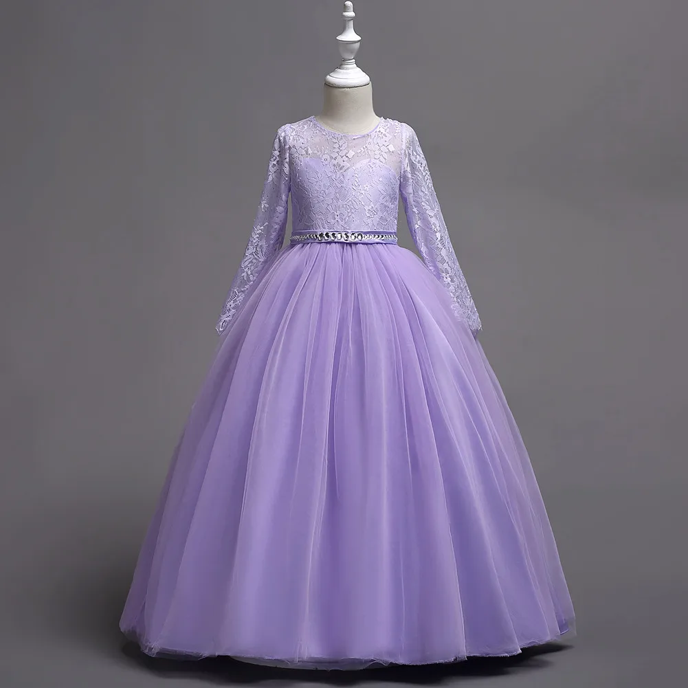 Элегантное детское платье принцессы для девочек 4, 6, 8, 10, 12, 14 лет, зеленые, Синие Новые кружевные праздничные платья на свадьбу, длинный костюм для девочек, 0A1A - Цвет: long sleeve Lavender