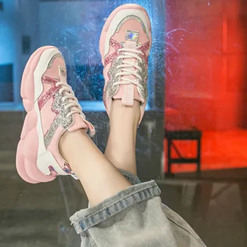 

2019 Spring Autumn Woman Runnng Sheos Fashion Thick Soled Casual Shoes Women Sneakers White Trend Shiny Woman Sports Shoes Y2-61