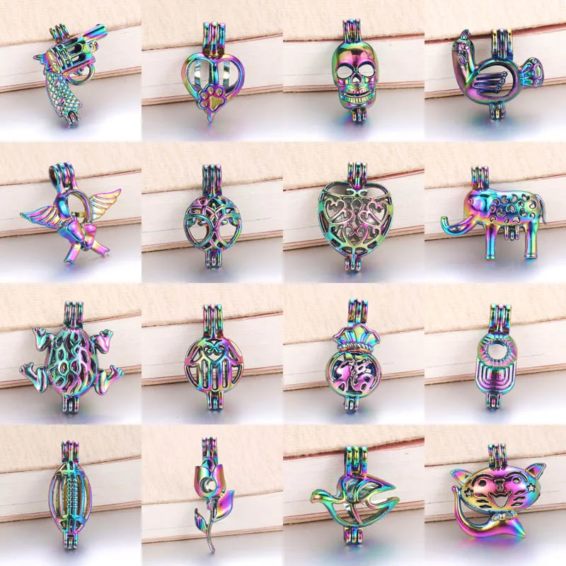 

6pcs/lot 16 styles Rainbow Color Pearl Cage Bead Cage Essential Oil Diffuser Locket Pendant DIY Jewelry Making for Oyster Pearl