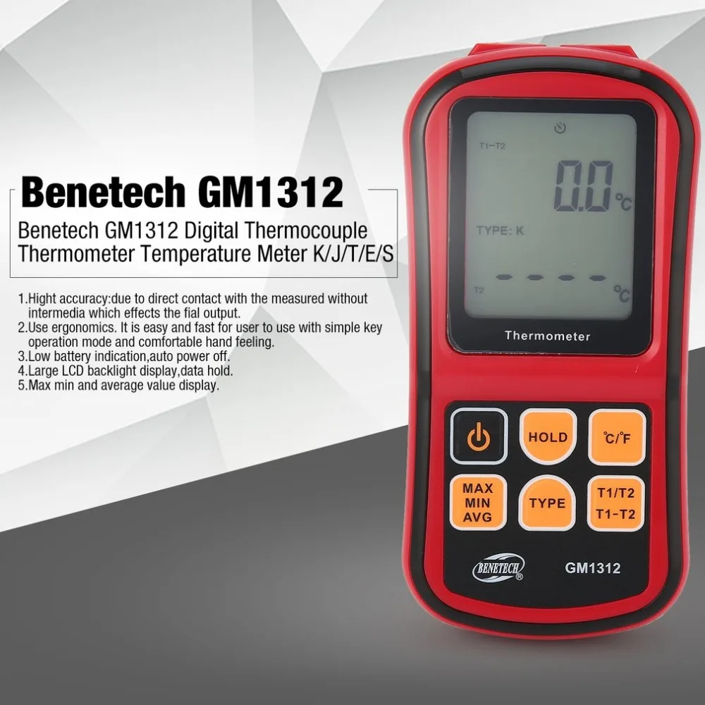 Benetech GM1312 цифровой термометр термопары двухканальный температура метр для K/J/T/E/R/S/N ЖК-дисплей двухканальный Poratable