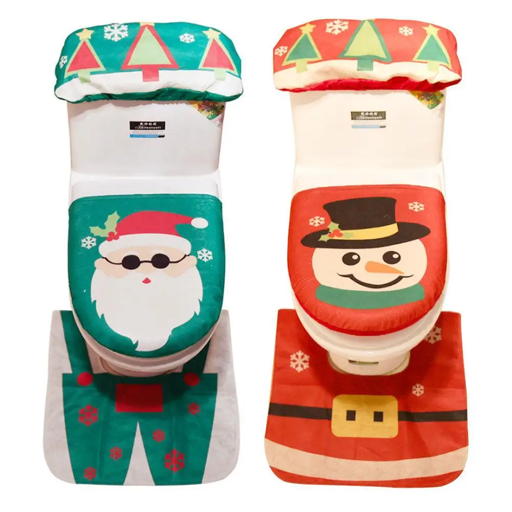 1 Set Toilet Foot Pad Seat Cover Cap Christmas Decorations Happy Santa