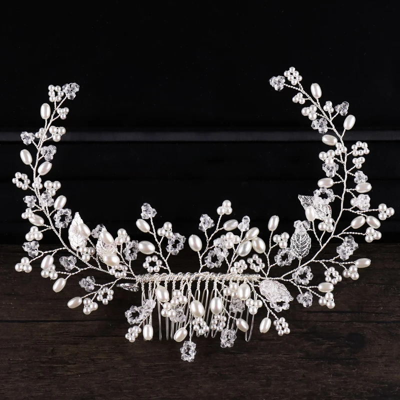 

Handmade Silver Tiara Hair Jewelry Pearl Flower Hair Combs And Clips For Women Bridal Headpiece Party Wedding Hair Accessories