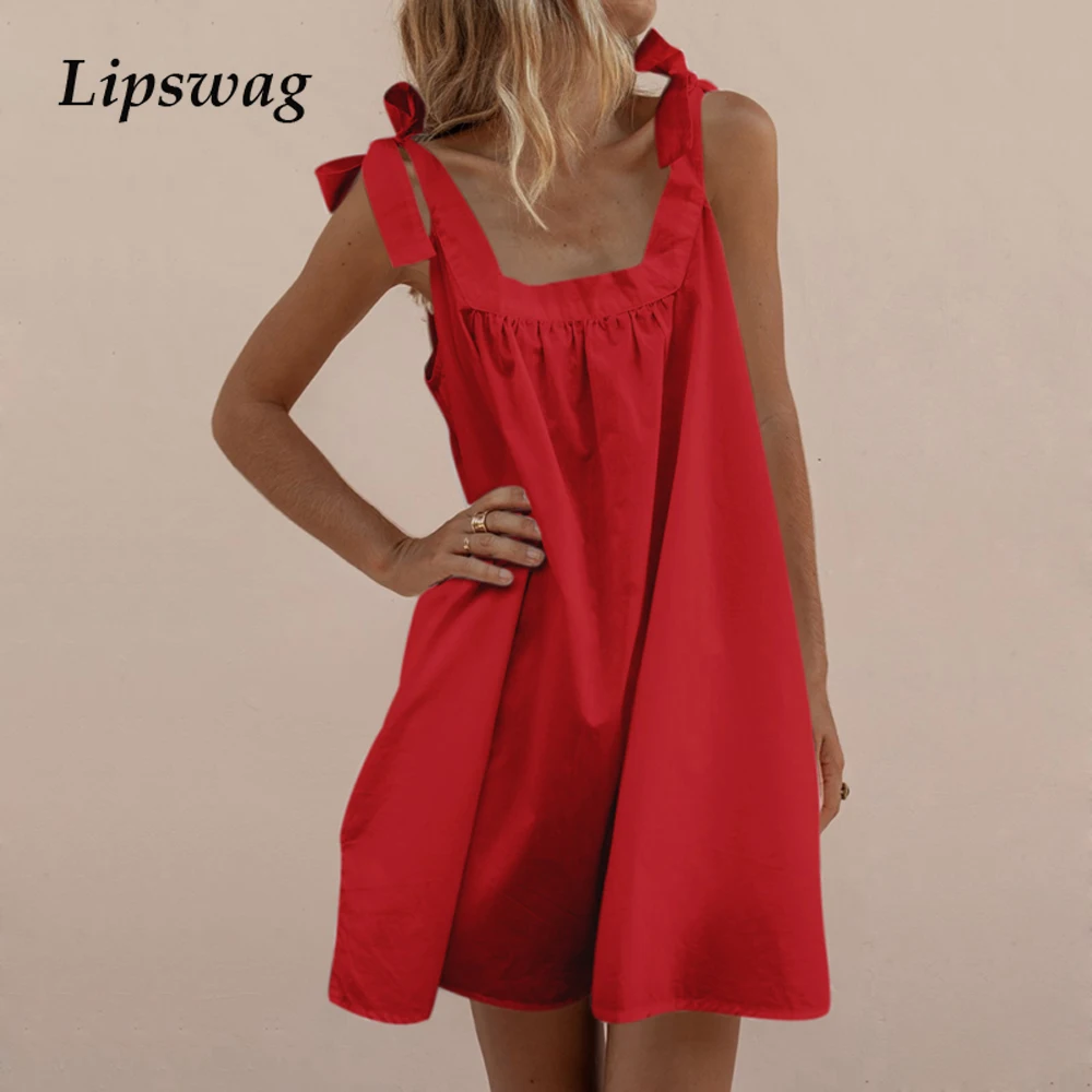 

Lipswag Women Sexy Off Shoulder Backless A-Line Sundress 2019 Summer Sleeveless Lace-Up Party Dress Slash Neck Solid Mini Dress