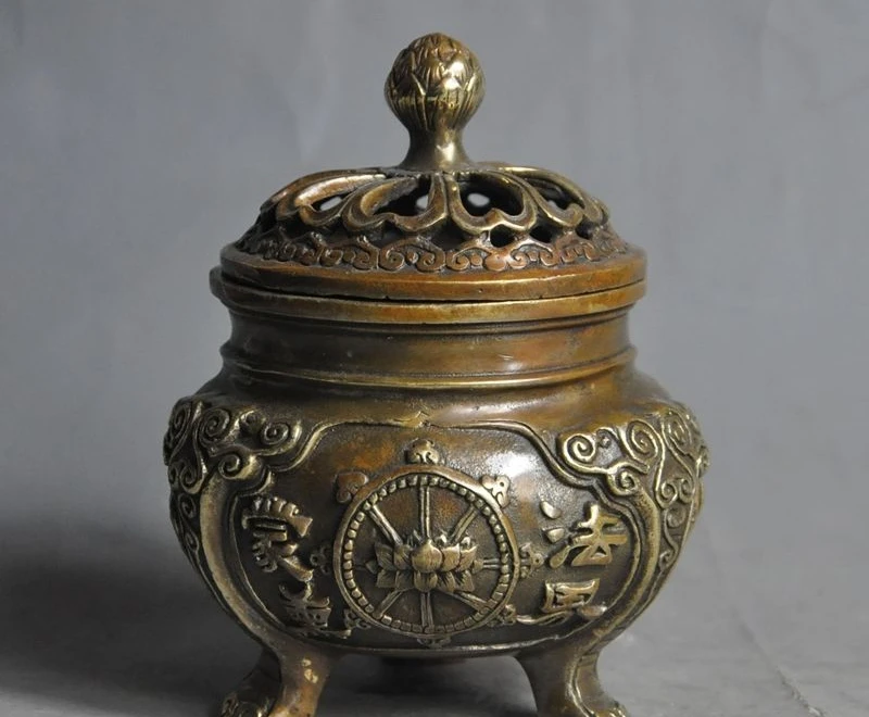 

5" marked old china chinese fengshui bronze lotus statue incense burner Censer