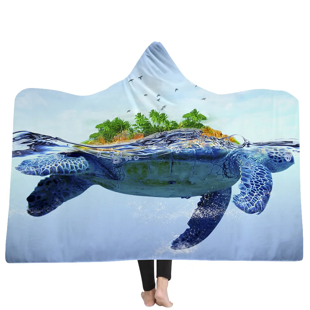 

2018 New Design Winter Warm Fleece Hooded Blanket Sea Turtle 3D Printing Blanekts Throws Sherpa Poncho For Adults Kids