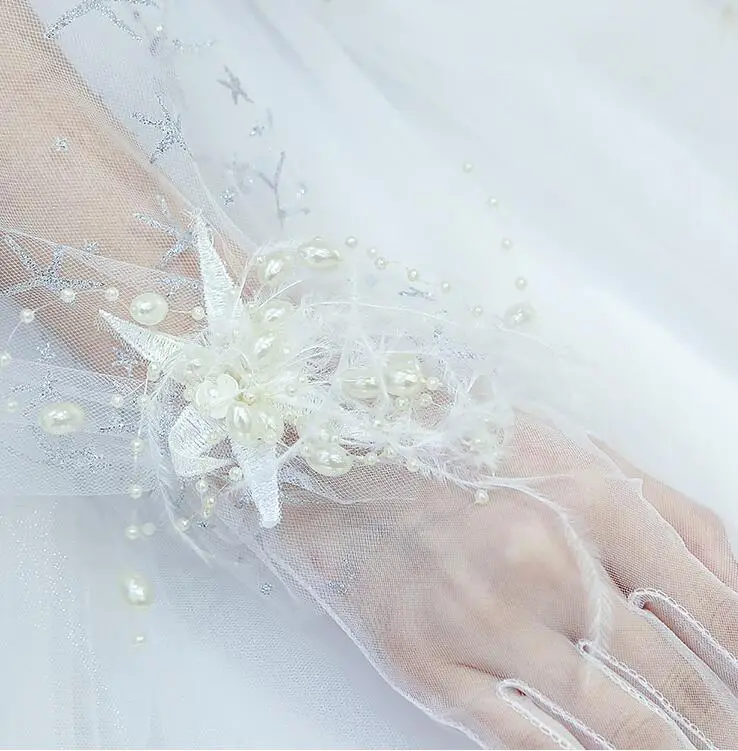 Женские Элегантные белые сетчатые перчатки с принтом dor, Женская весенне-летняя кружевная перчатка с бусинами и цветами, R1443 - Цвет: B
