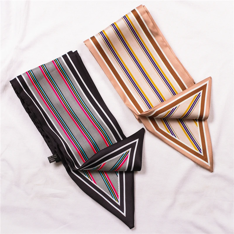 

Women Silk Skinny Scarf Striped Print Fashion Neck Scarves for Ladies Small Hair Band Female Neckerchief Bag Tie Decorate