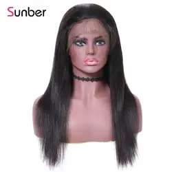 Sunber перуанские прямые кружевные передние парики с детскими волосами натуральный цвет Remy кружева шрифт человеческие волосы парики для