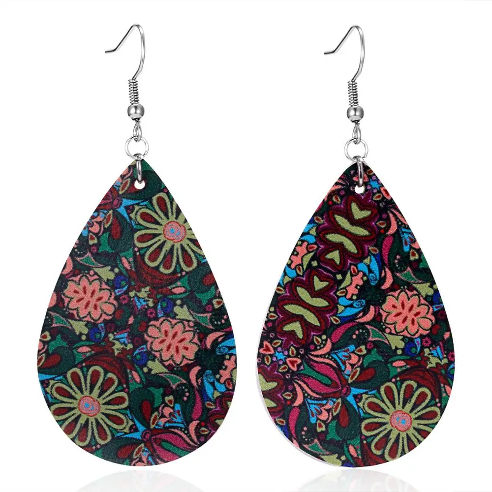 

Fashion Women's Leaf Faux Flower-Print Leather Earrings Simple Jewelry Boho Teardrop Big Drop Earrings For Women Party Brincos