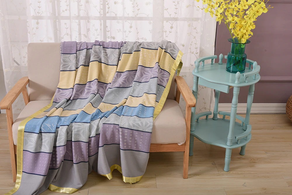 ФОТО Blue and Purple Stripe Pattern Soft And Cool Sofa Blanket For Living Room Bedspread Breathable Moisture Bamboo Fiber Blanket