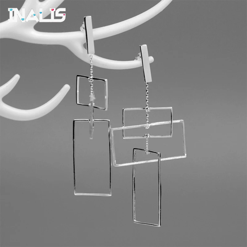 

INALIS New Real 925 Sterling Silver Handmade Fine Jewelry Fashion Elements Geometic Rectangular Design Dangle Earrings for Women